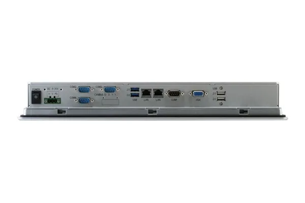 Mặt sau máy tính bảng điều khiển AAEON AHP-1154 với bốn cổng DB-9, cổng VGA, hai cổng LAN và cầu đấu nguồn