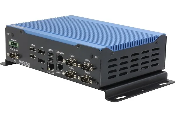 Máy tính nhúng không quạt AAEON BOXER-6646-ADP vỏ nhôm xanh, mặt cổng có HDMI, DisplayPort, bốn cổng COM và ba cổng LAN