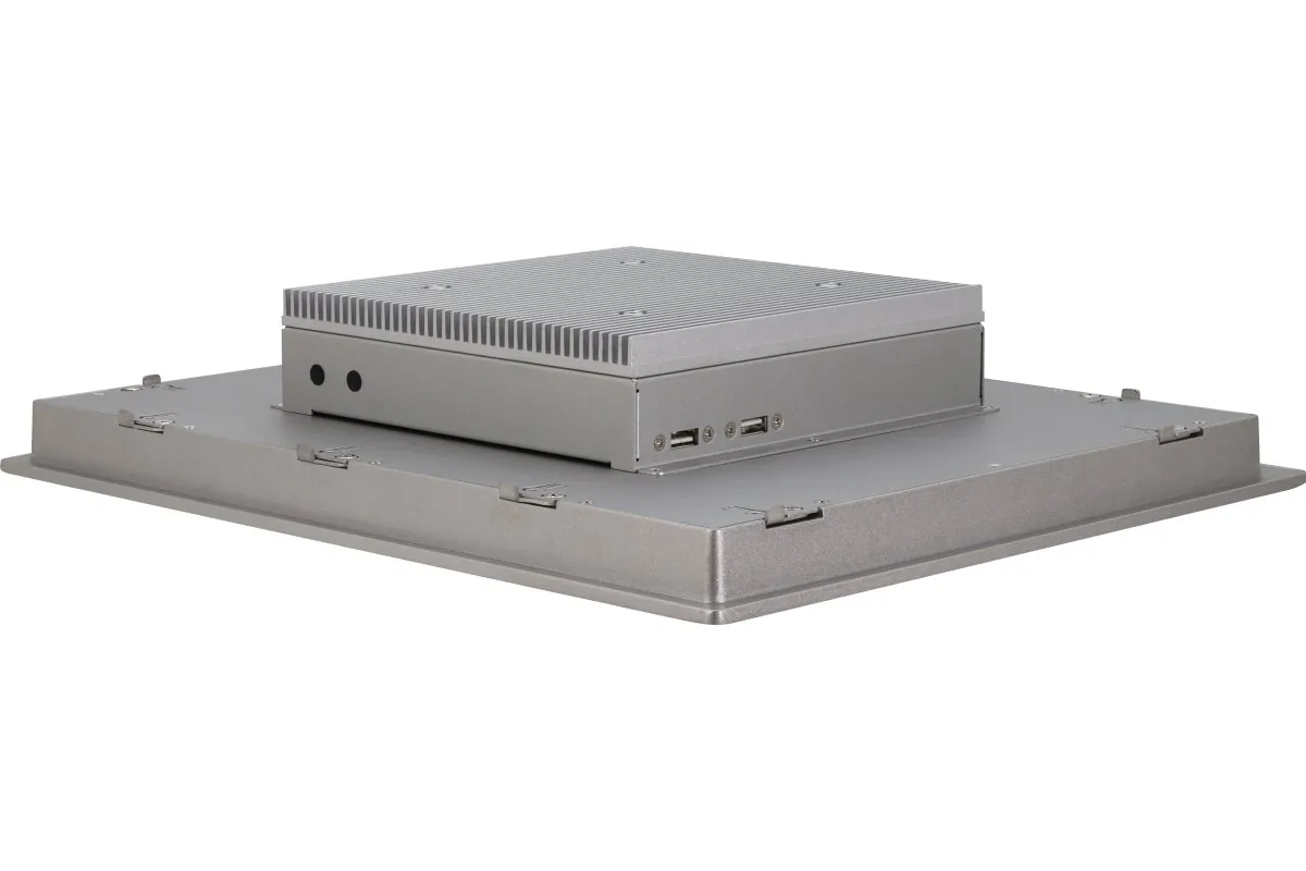 Mặt sau Panel PC AAEON OMNI-3155-ADN với khối CPU bắt vít lên tấm panel và các ngàm kẹp panel mount