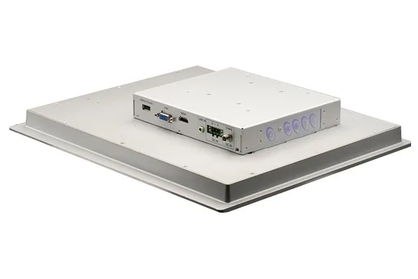 Mặt sau màn hình cảm ứng công nghiệp AAEON OMNI-315M với hộp mạch điều khiển và cổng VGA, HDMI