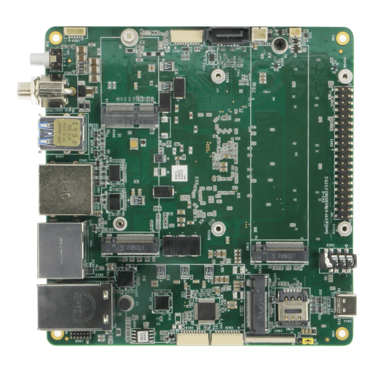 Bo mạch UP Xtreme i14 của AAEON nhìn từ trên, tản nhiệt có quạt, hai HDMI, DisplayPort và khe M.2